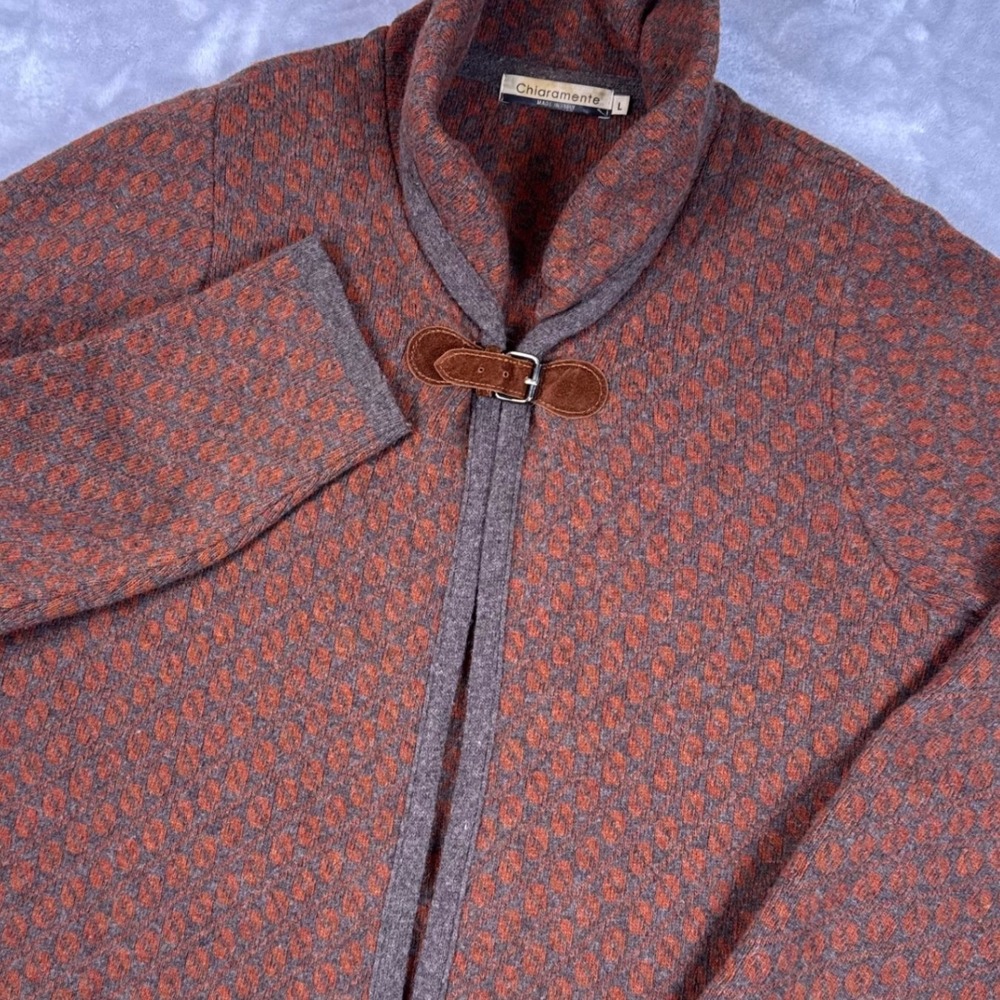 Chiaramente Italy Wool Blend Shawl Collar Buckle Cardigan Sweater Rust Gray L